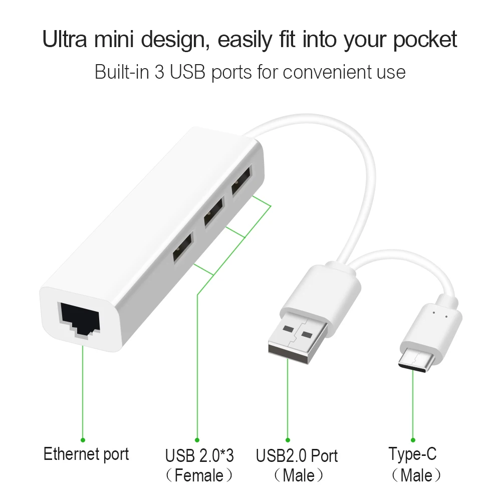 3 порта USB2.0 концентратор 2 в 1 USB Ethernet 0 OTG Type C к Rj45 Lan адаптер мульти сплиттер для MacBook