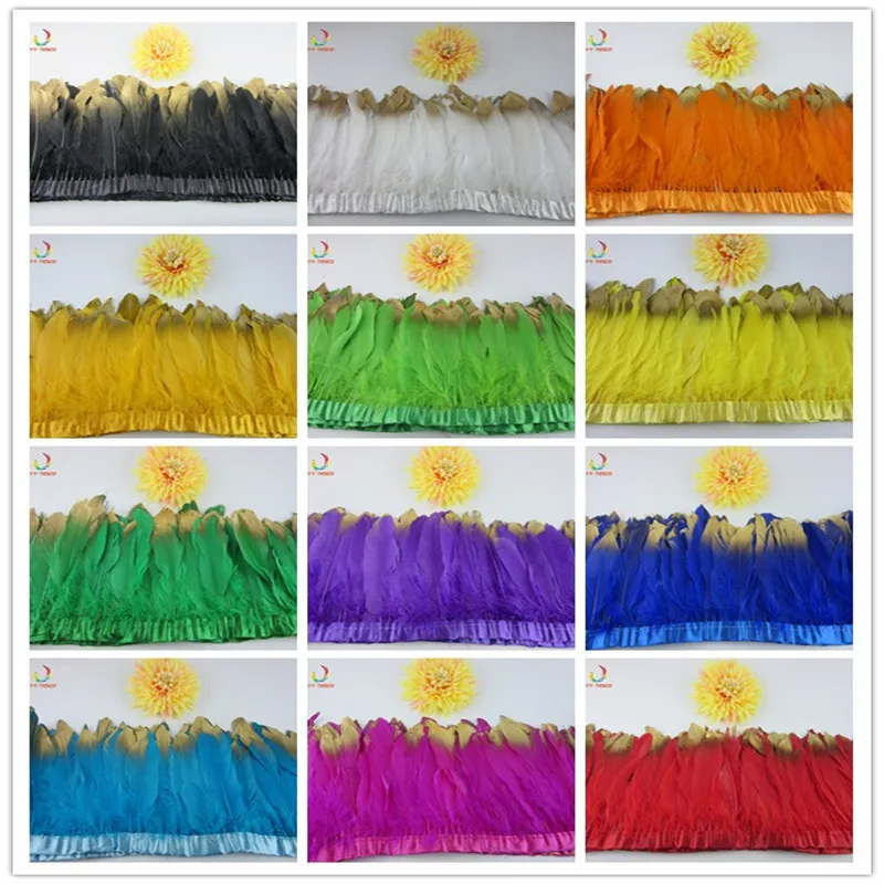 

New Fashion Gold Tips Goose feather trims 2-10yards white Dyed geese feather ribbons /15-20cm Duck feather fringes Free shipping