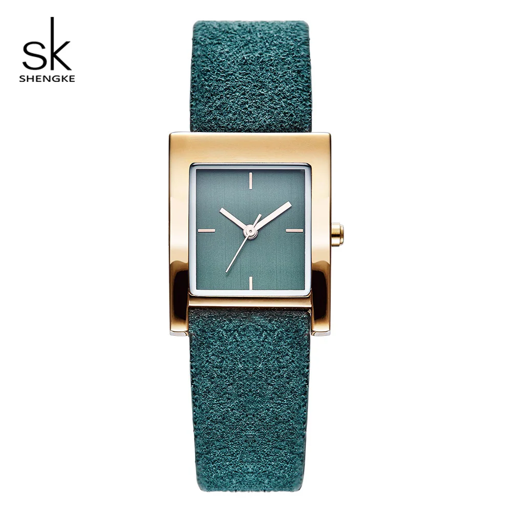 Женские кожаные часы Shengke роскошные кварцевые наручные с квадратным циферблатом