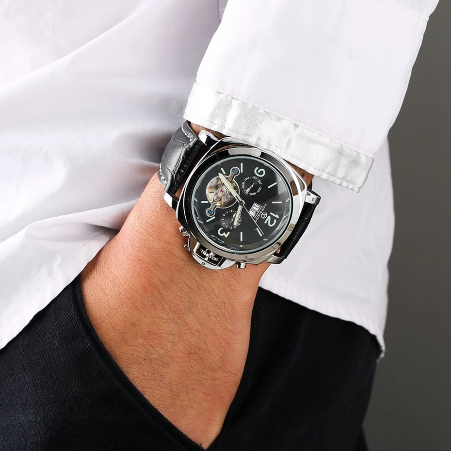 Forsining Топ Роскошные автоматические мужские часы механические часы Tourbillon Мужские Спортивные Светящиеся Часы мужские кожаные Ретро наручные часы