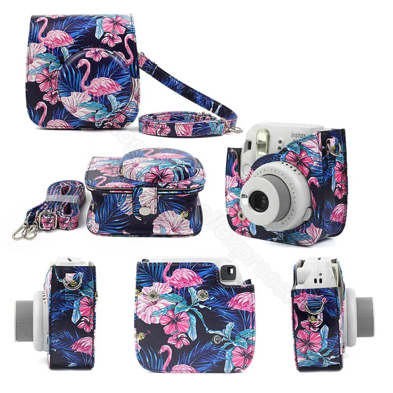 Чехол для Камеры Fujifilm Instax Mini качественная сумка через плечо из искусственной кожи с ремешком для Fuji Instax Mini 9, Instax Mini 8 - Цвет: black flamingo