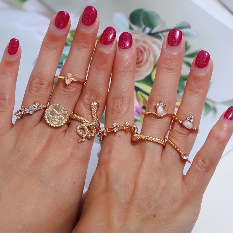 Vintage Snake Shape Animals Style Rings Set Gold Crystal Joint Midi Ring Wedding Party Jewelry Accessories Gifts | Украшения и