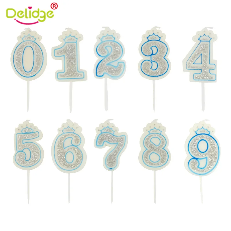 Блестящая Серебристая Синяя Свеча в форме короны Свадебные свечи с цифрами для