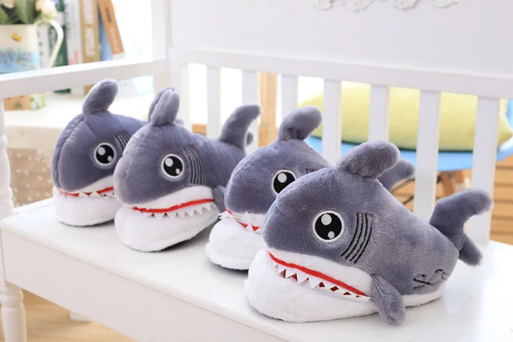 Funny Shark slippers for girls Winter Flock Short plush House shoes women Cute cartoon Bedroom slippers Flat with Soft