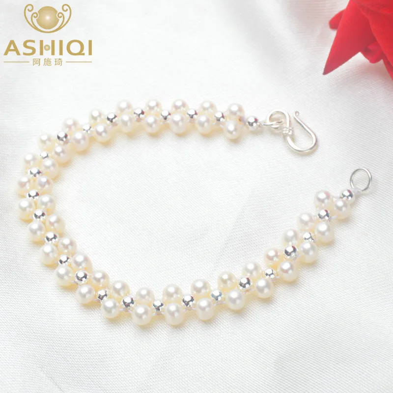 

ASHIQI Hand knitted Mini 3-4mm Natural Freshwater Pearl Bracelets with 925 Sterling Silver bead for women gift