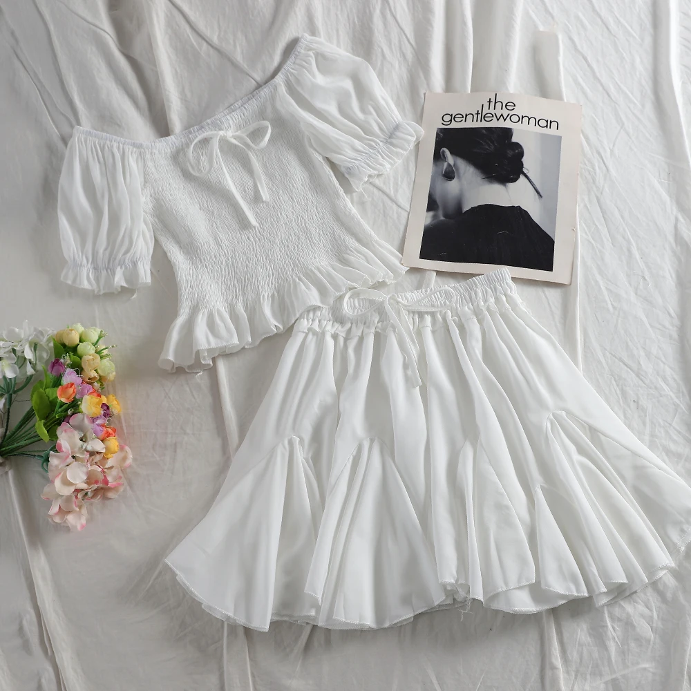 Модные корейские женские комплекты 2019 новый летний короткий рукав Slash шеи