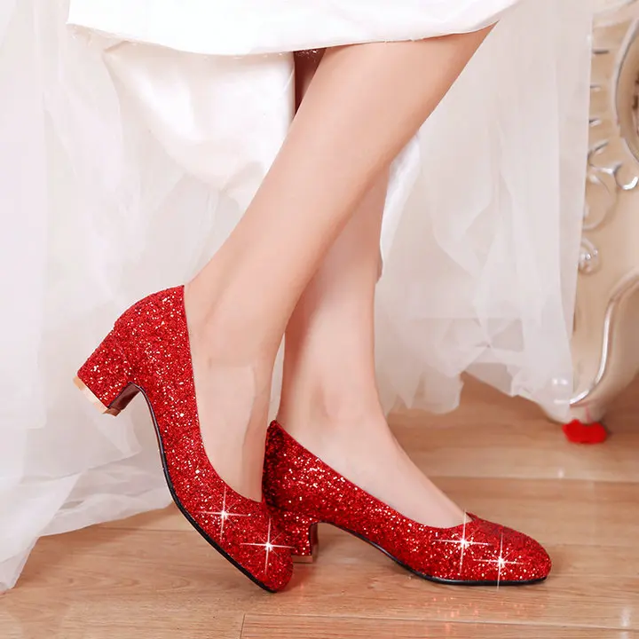 Red 5.5cm Модная женская обувь с блестками; туфли-лодочки на высоком квадратном каблуке; вечерние женские свадебные туфли без застежки; цвет золотой, серебряный, красный - Цвет: Red 5.5cm