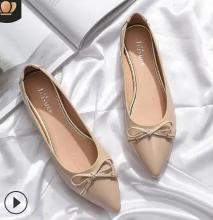 apricot Chaussures femme; лакированные кожаные балетки на плоской подошве; женские лоферы с острым носком и бантом; обувь для медсестры на плоской подошве; большие размеры; эспадрильи; 193 - Цвет: apricot