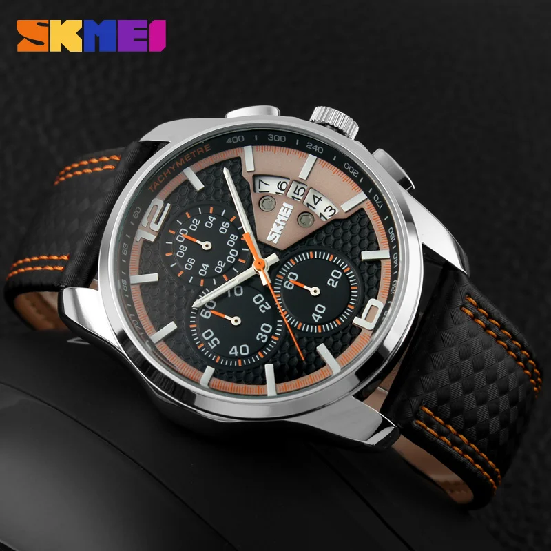 SKMEI хронограф часы мужские спортивные кожаный ремешок кварцевые 3ATM