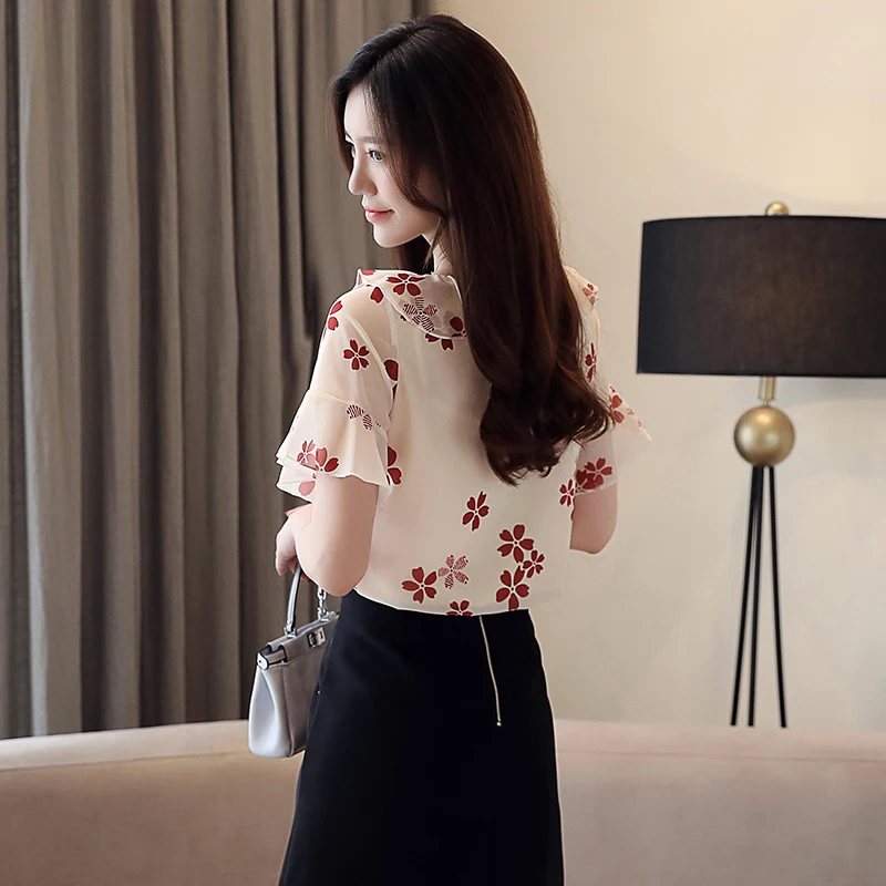 Korean Fashion Chiffon Women Blouse Ruffles V-Neck Flare Sleeve White Shirts Plus Size Womens Tops and Blouses |