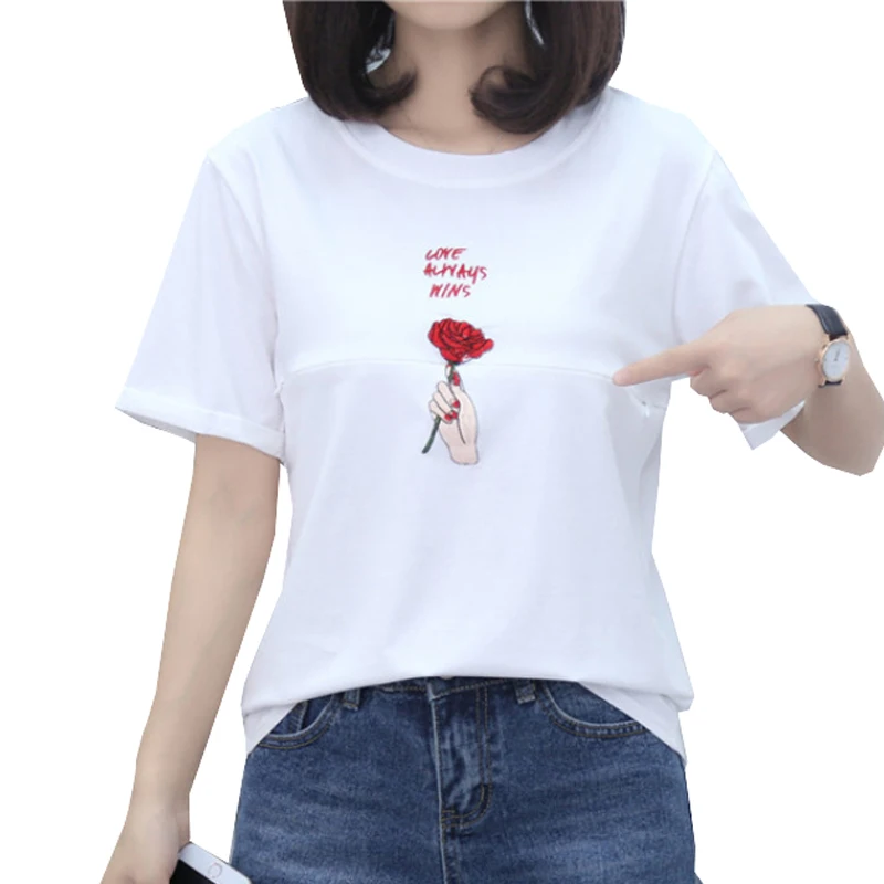 

Maternity Casual Nursing Clothes Breastfeeding T Shirt Tops for Pregnant Women Cotton Embroidery Pregnancy Top Short/Long Sleeve