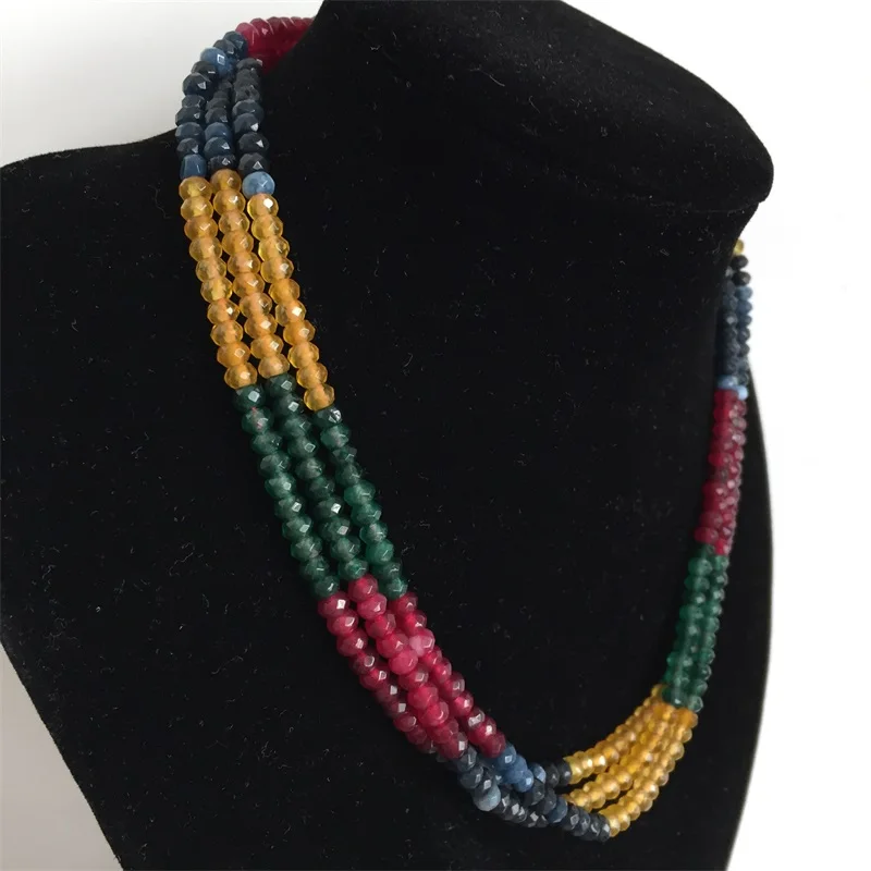 Роскошное бирюзовое ожерелье с изумрудами и сапфирами регулируемое трехжильное