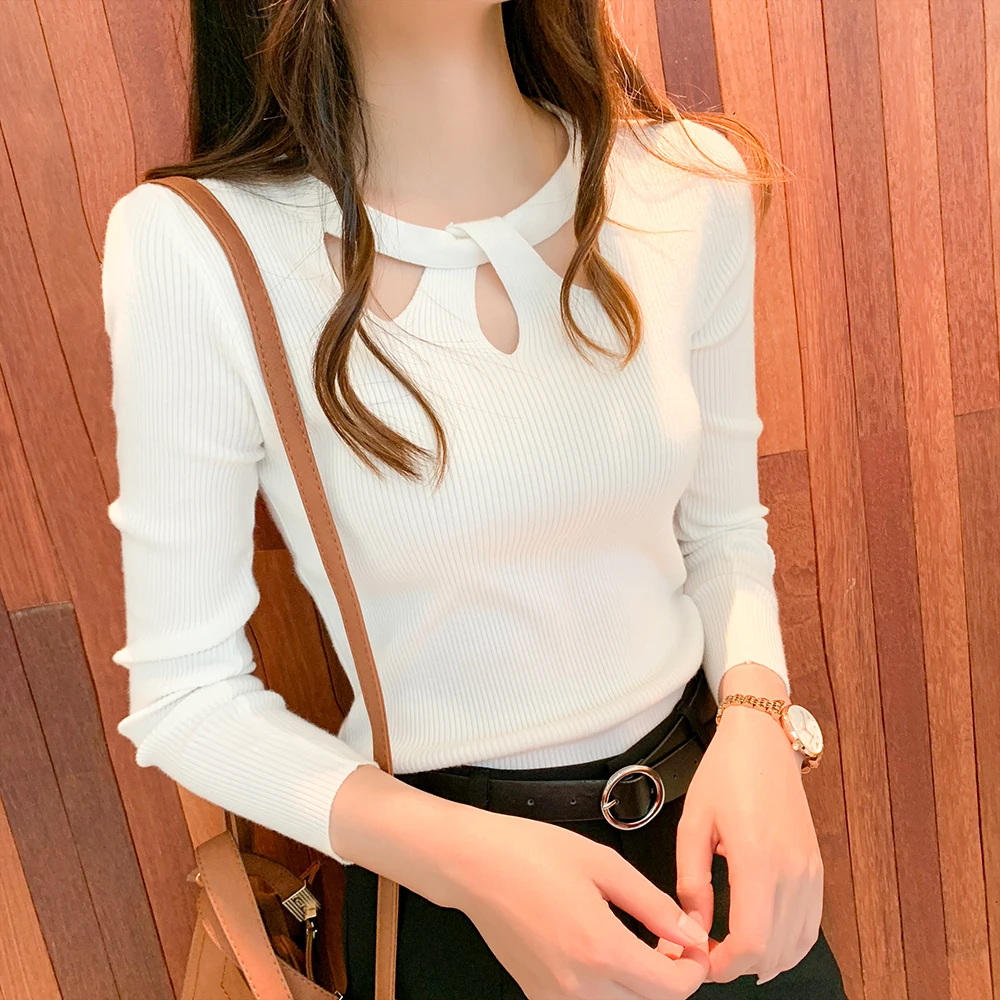 sweaters fashion Women's Clothing knitted sweater spring fall winter brand o-neck criss-cross slim top off shoulder | Женская одежда