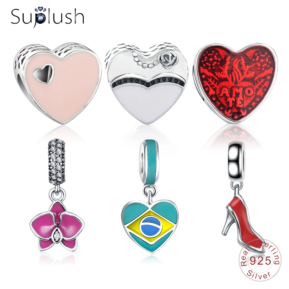 Suplush 100% стерлингового серебра 925 пробы Эмаль Цветок &amp бусины-брелоки в форме