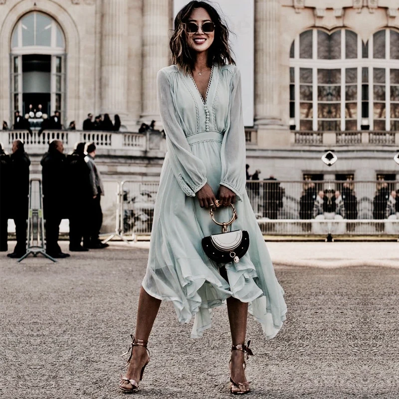 

Vadim Time-limited Solid Full Button Dress Women 2019 New Dress V-neck Lantern Sleeves Irregular Chiffon Woman Long Party