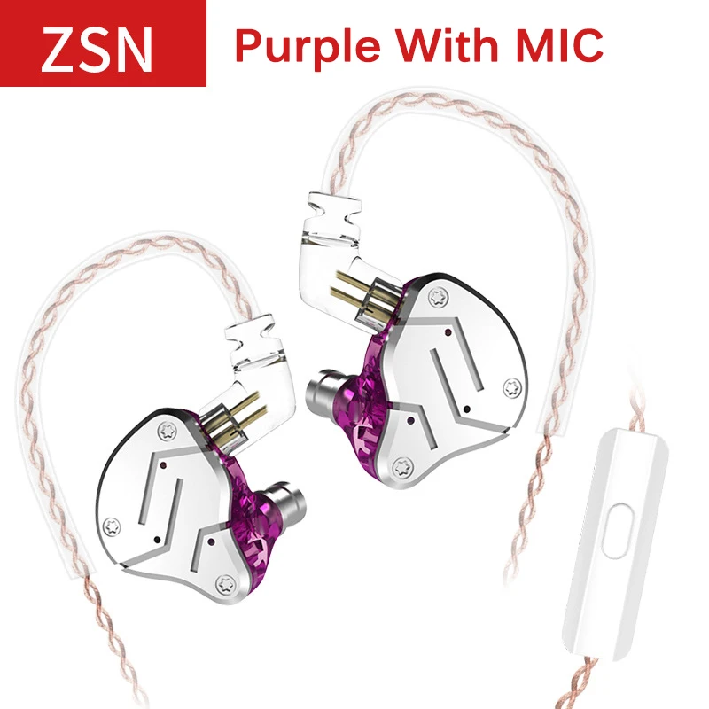 Purple With MIC Оригинальные металлические наушники KZ ZSN, гибридная технология 1BA+ 1DD, Hi-Fi наушники с глубоким басом, спортивные наушники с шумоподавлением - Цвет: Purple With MIC