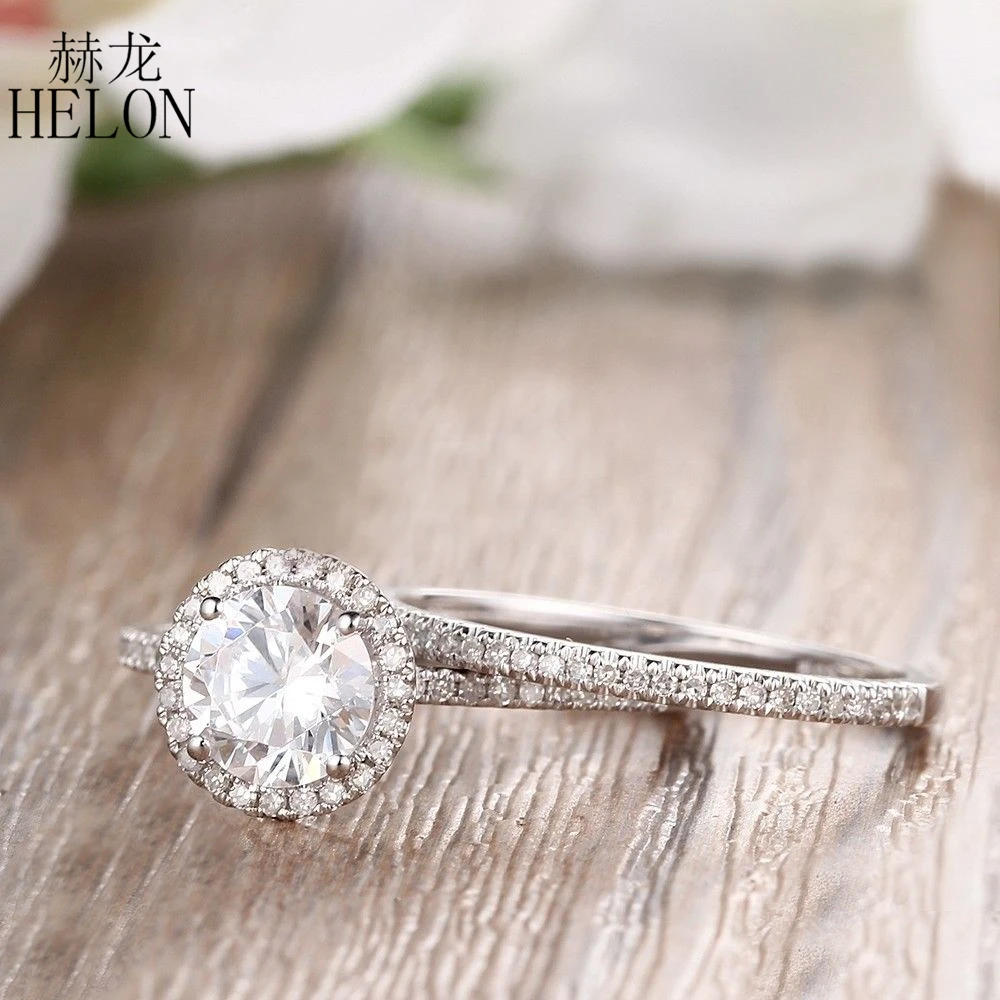 

HELON Solid 14k White Gold Diamonds Ring Set 1.2ct Carat Lab Grown Moissanite Engagement Wedding Band Bridal For Women Jewelry