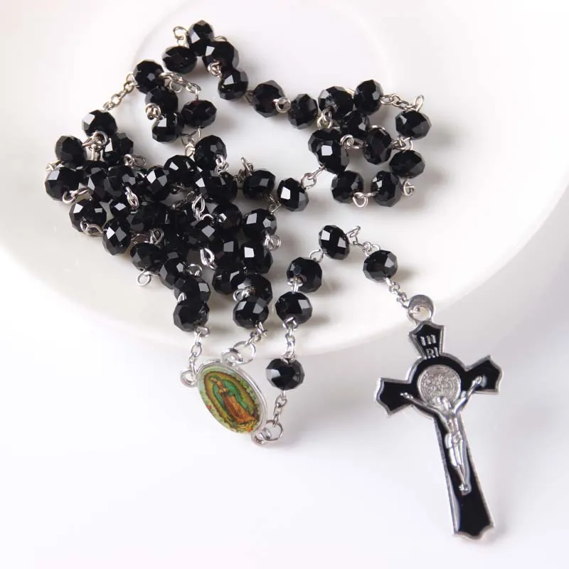 NEW Catholic Goddess Rosary Crucifix Cross Pendant 6mm*8mm BlacK Crystal Beads for Men&Women Daylife 10 pcs/lot