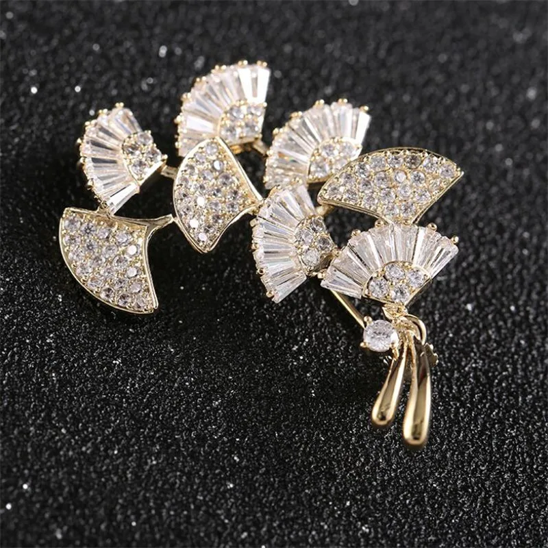 Vintage Luxury Ginkgo Biloba Rhinestone Brooch Pin High Grade Sector Flowers Crystal Brooches For Women Accesorios Jewelry