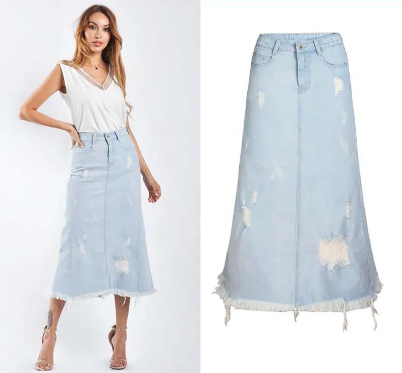 2021 женские длинные джинсовые юбки а силуэт Рваные джинсы пикантные весенне