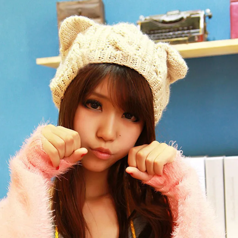 Модная женская шапка с милыми кошачьими ушками вязаные шапки для осенне-зимнего