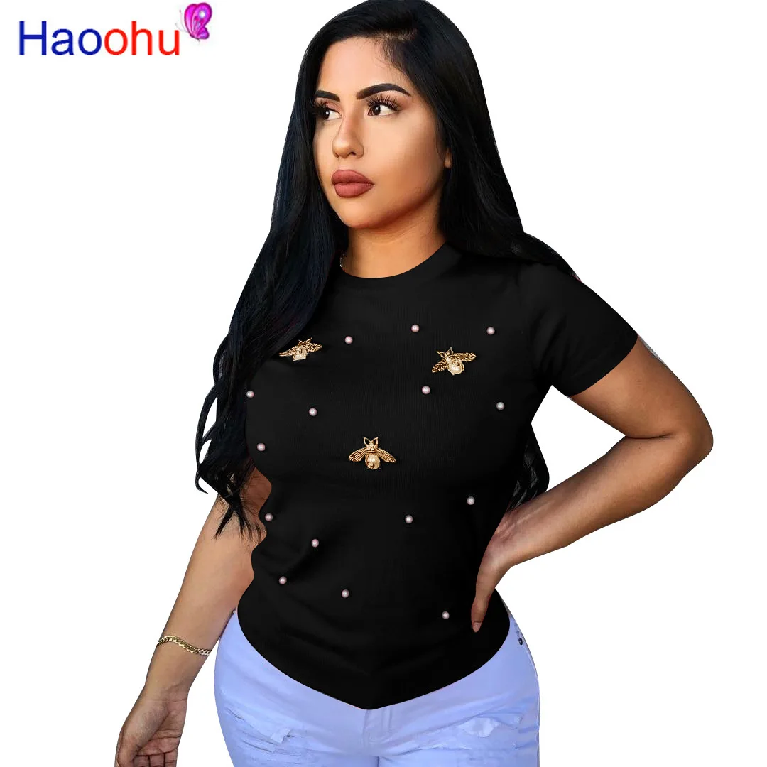 

HAOOHU Plus Size Women Short Sleeve Pearl Beading shirt Ladies Tee Tops Summer Solid Weekend Casual Fit Round Neck Basic T Shirt