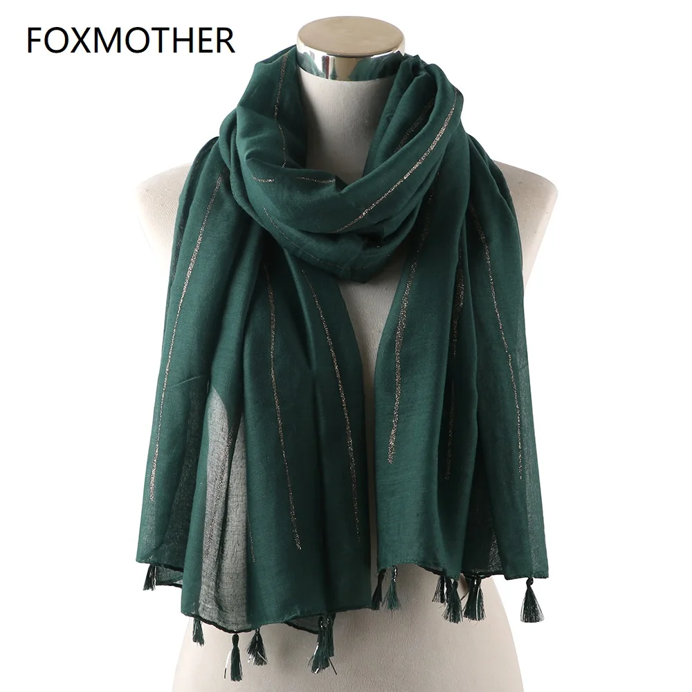 FOXMOTHER Новинка Осень Зима Блестящий мерцающий золотой блеск мусульманские шарфы и хиджаб для женщин пашмины кисточкой шарф в полоску дамы