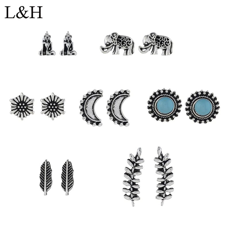 Серьги пусеты L & H 7 серьги Слоник для женщин круглые/Цветочные/листочки/серьги из