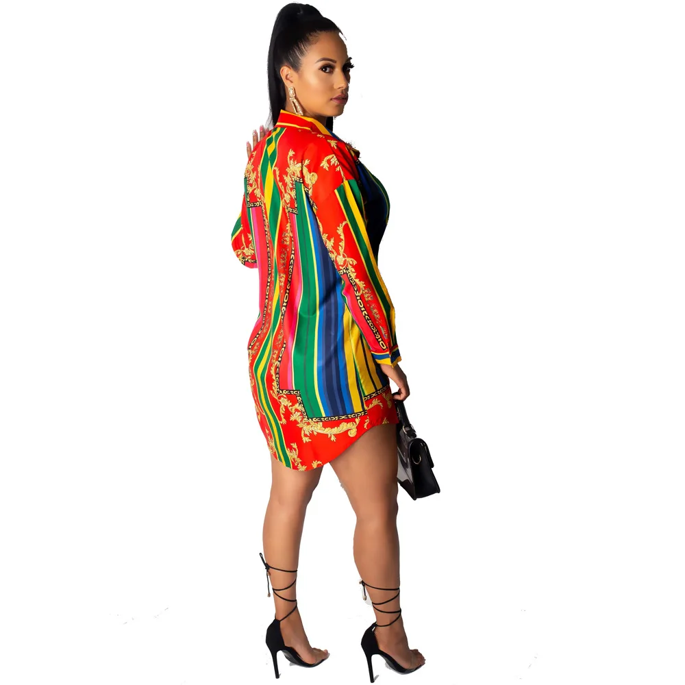 women summer stripes vintage print turn-down neck long sleeve blouses& shirts mini dress fashion dresses vestidos GL3082