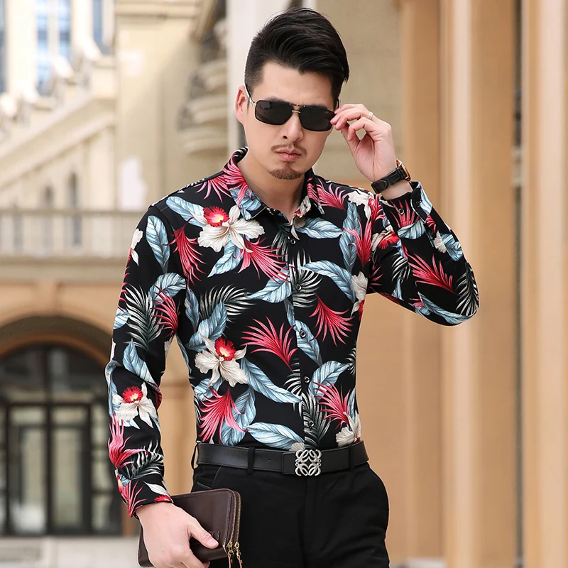 2018 Новые декоративные цветы модные мужские рубашки Slim Fit с длинными рукавами