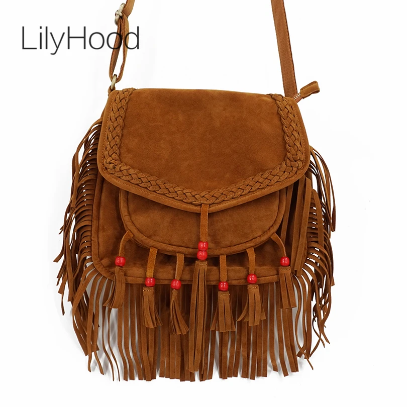 

LilyHood 2022 Women Fringe Shoulder Bag Faux Suede Beaded Ibiza Boho Chic Hippie Gypsy Music Bohemian Fringe Brown Crossbody Bag