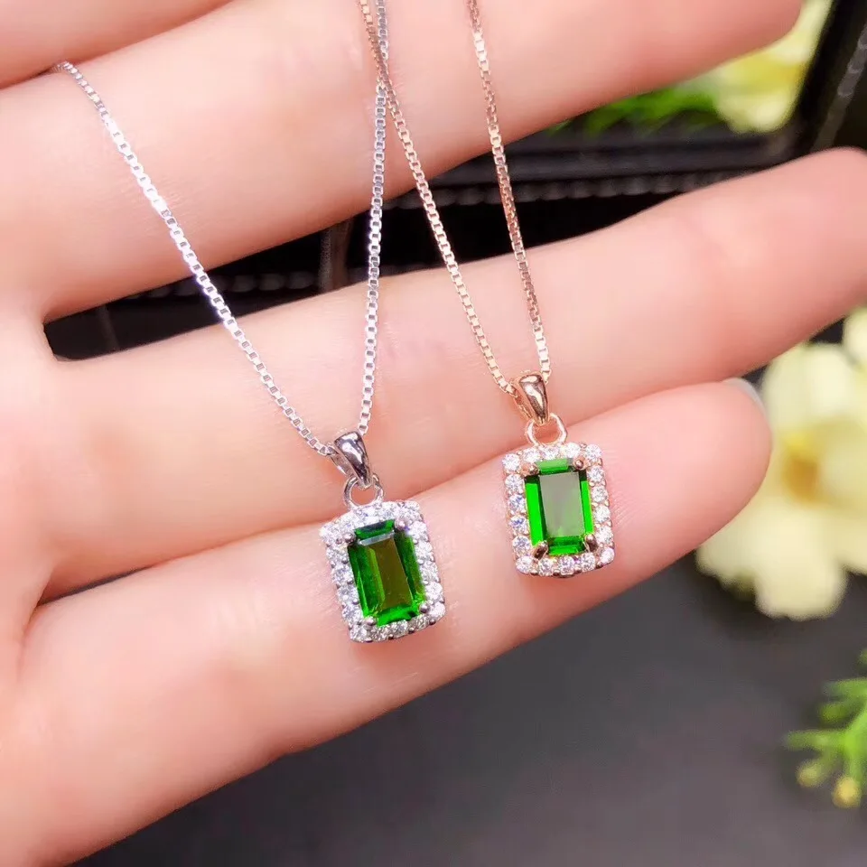 elegant rectangle green diopside pendant for necklace real 925 silver material natural gem clear gold plated color | Украшения и