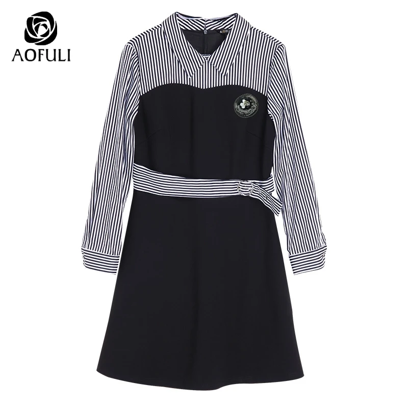Женское лоскутное платье в полоску с поясом S/M/L/4XL/5XL элегантное офисное