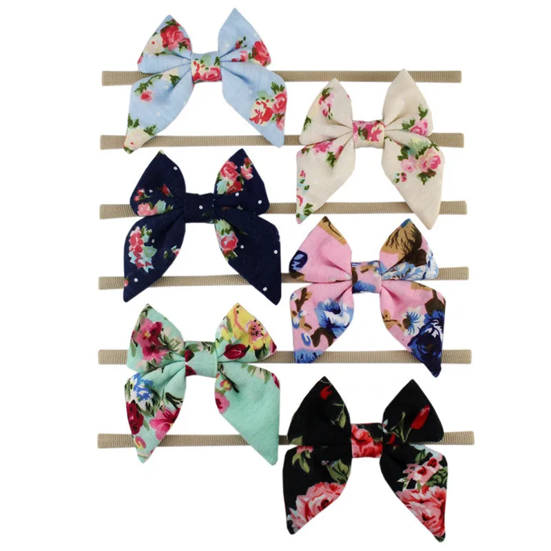 

2020 Trendy 3" Tied Flower Printed Hair Bow Kids Girl Elastic Nylon Headband Summer/Spring Photo Pro Hair Accessories