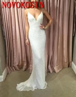 2019 sequins spaghetti straps white ivory mermaid prom dresses deep v neck backless sweep train formal evening party gown
