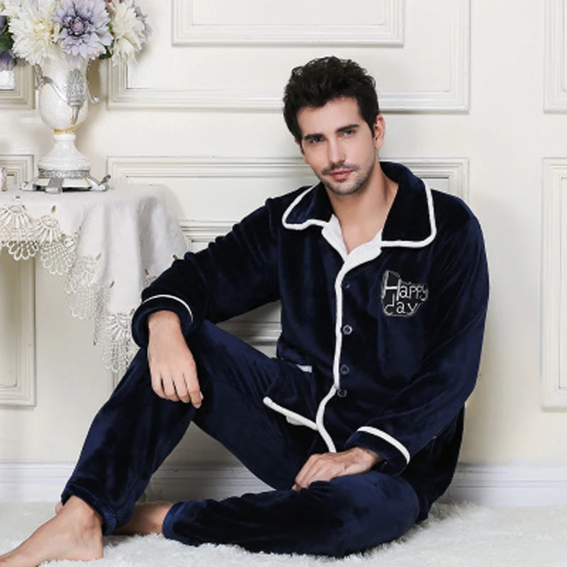 Autumn Winter Keep Warm Thick Coral Fleece Men Pajamas Sets of Sleep Tops & Bottoms Flannel Sleepwear Thermal Nightclothes