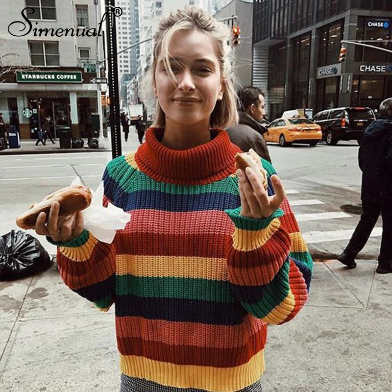 Rainbow Turtleneck Sweaters 2018 Winter Women Jumpers Knitted Clothes Female Fashion Striped Oversized Pullover | Женская одежда