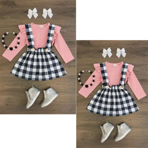 Детские хлопковые топы для маленьких девочек футболка сарафан в клетку юбка