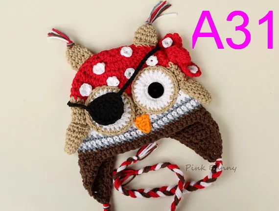 

20pcs/lot baby hat Beanie , children's handmade crochet Pirate owl hat with eye patch mask ,baby hat Photo props 100% cotton