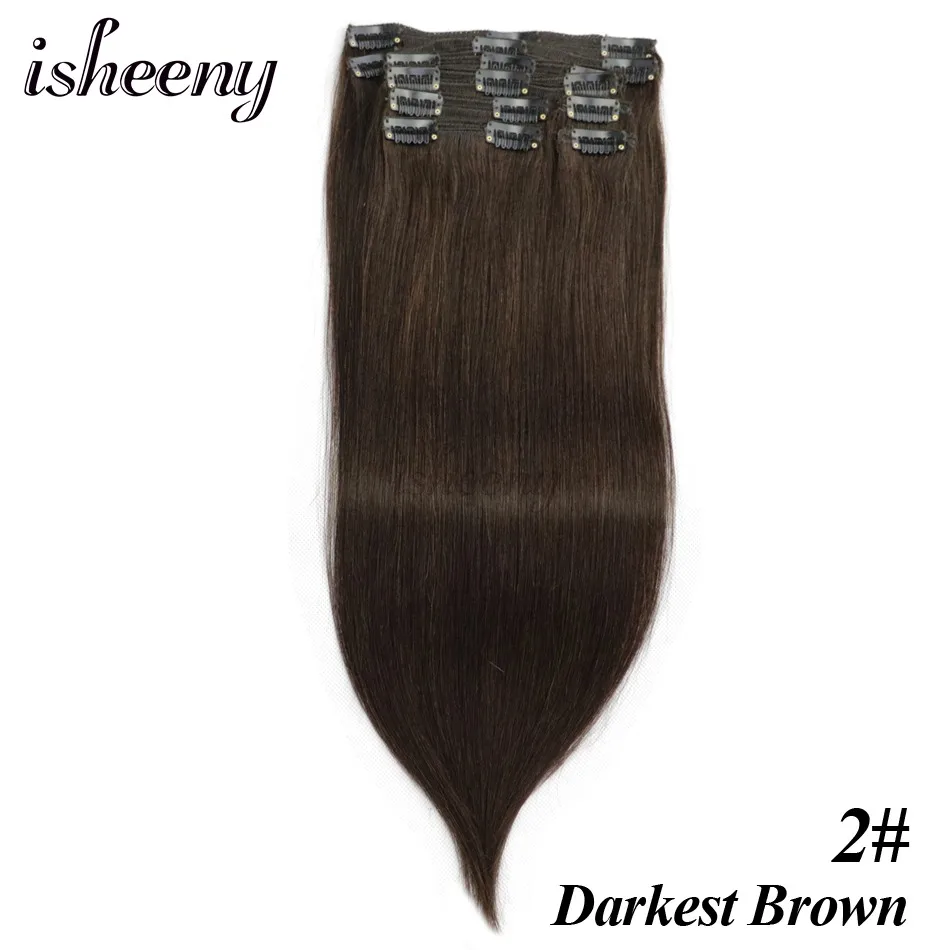 Isheeny Remy(Реми), накладные волосы для наращивания 8 шт./компл. бесшовные натуральные человеческие волосы для наращивания на заколках, на всю голову, бразильский Однотонная одежда волосы на заколках