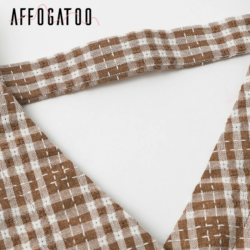 Afogatoo, сексуальная, открытая спина, на шнуровке, клетчатая женская блузка, рубашка, винтажная, элегантная, топ, рубашка, женская, с пышными рукавами, повседневная, Женская рубашка блузка