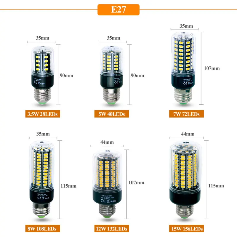 Светодиодная лампа 5736 SMD E27 E14 2 шт. без мерцания 3 5 Вт 7 9 12 15 85-265 в постоянный ток
