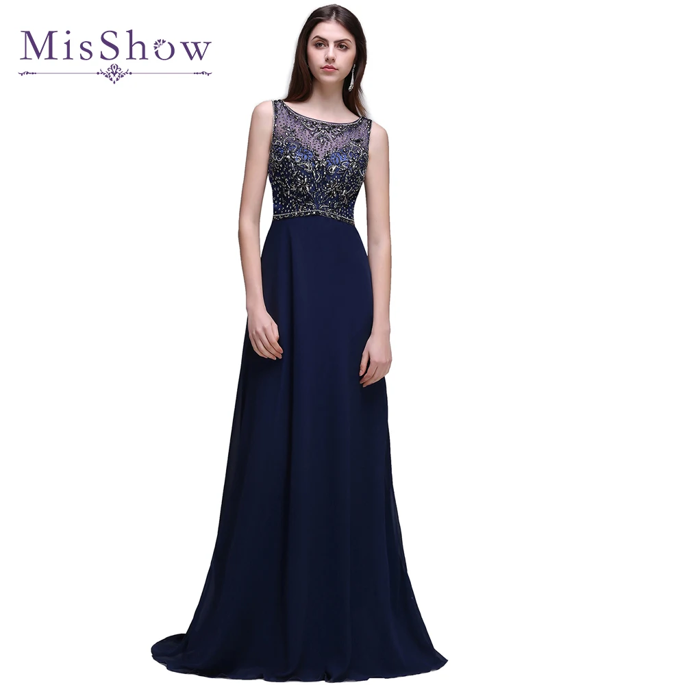

Navy Blue Luxury Beaded Appliques Sexy Backless Long Evening Dresses A-Line Evening Party Dress Gowns robe de soiree