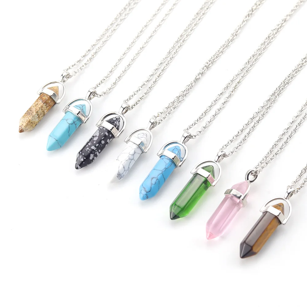 

Fashion Opal Stone Hexagonal Column Quartz Necklaces Natural Pink Crystal Pendant Women Necklace For Bohemian Women Jewelry