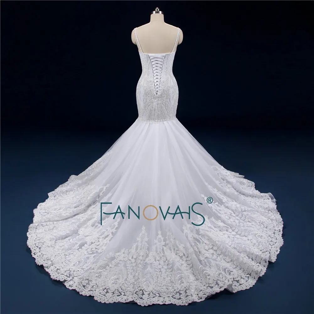 Luxury Pearls Wedding Dresses Lace Gelinlik Long Train Vestido De Novia 2019 Spaghetti Straps Bridal Gowns