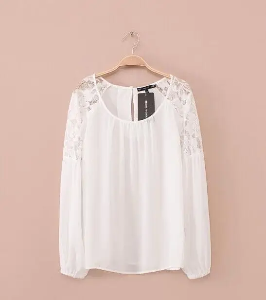 Plus Size 2015 New Women's Shirts White Crochet Lace Shirt Female Floral Long Sleeve Chiffon Blouse Blusas Tops S-2XL |