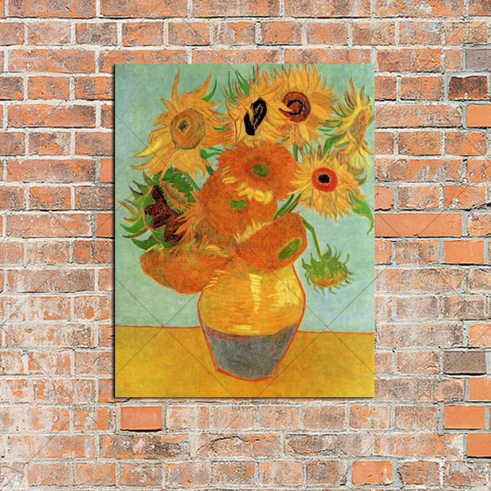 Картина маслом на холсте ваза с пятью подсолнухами Винсент Ван Гог растягивается