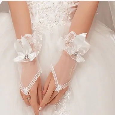 2016 Горячие Продажи Дешевле Невесты Свадебные Перчатки Кристалл Лук Тюль
