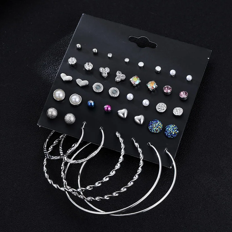 20 Pairs/set Fashion Rhinestone Crystal Pearl Stud Earrings Set For Women Boho Personalized Round Circle Jewelry Gifts | Украшения и