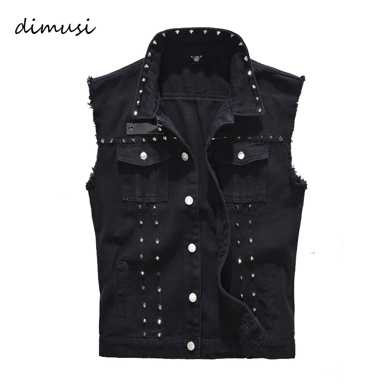 DIMUSI Spring Autumn Mens Vest Vintage Denim Jeans Vest Male Black Sleeveless Jackets Men Rivet Hole Jeans Waistcoats 5XL,TA338